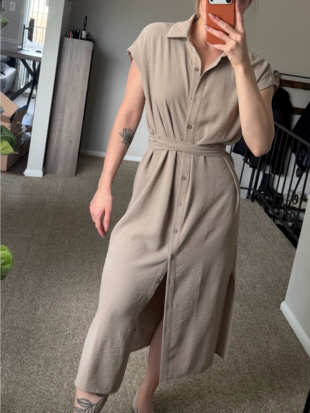 DKNY Taupe Button-Front Midi Shirt Dress - Picture 2 of 10